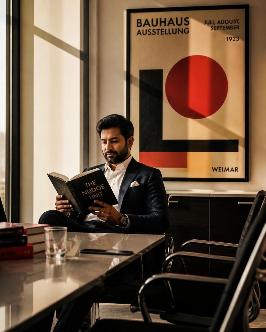 Business owner reading a book in a sunlit boardroom